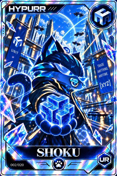 A holographic collectible trading card titled 'HYPURR' featuring a cloaked figure named 'SHOKU' holding blue cubes, marked as UR (Ultra Rare) 002/020 with the text 'TRADE ANYTHING ANYTIME [XYZ]'.