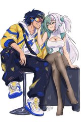 An anime-style illustration of two characters: a dark-haired man in a yellow jacket sitting with crossed legs, and a girl with long silver hair and a green ribbon sitting beside him.