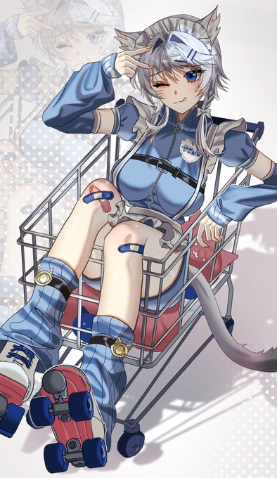 An anime-style illustration features a silver-haired character with cat ears and a tail, wearing a blue "CIPHER" maid outfit and roller skates, playfully posing inside a shopping cart while making a peace sign. The image ties to the "#Cipher Jersey Maid" post by depicting Cipher in a sporty maid costume that incorporates jersey and skater aesthetics.