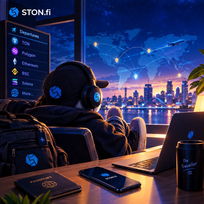 A STON.fi promotional image featuring a person wearing branded headphones and cap, looking at a laptop displaying a digital departures board for TON, Polygon, Ethereum, BSC, and Solana networks.