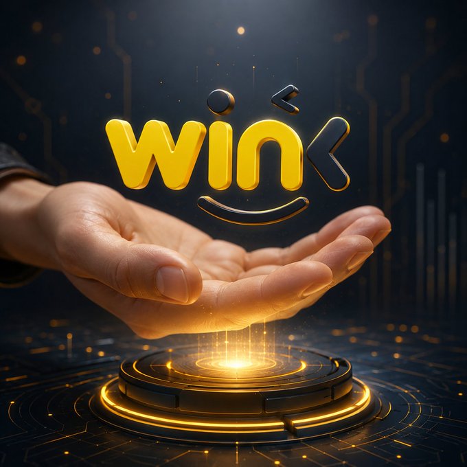An open hand cradles a glowing 3D "WINK" logo with a smiley face design, hovering above a futuristic golden circular platform that emits light beams. The image visually reinforces the post's message of WINkLink (WINkLink_Oracle) being nurtured and grown as a foundational oracle layer within the TRON ecosystem, symbolizing support, innovation, and connection.