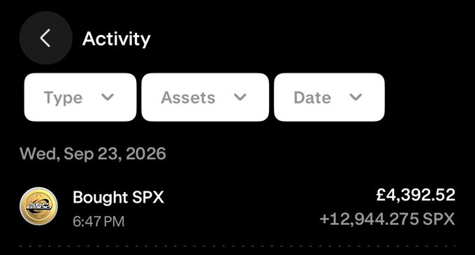 The image shows a crypto/asset activity screen displaying a transaction from Wednesday, September 23, 2026, where the user bought SPX for £4,392.52, receiving +12,944.275 SPX tokens. This directly illustrates the "#SPX6900 - Added to my bag" caption by confirming the recent purchase of SPX tokens in the user's portfolio.