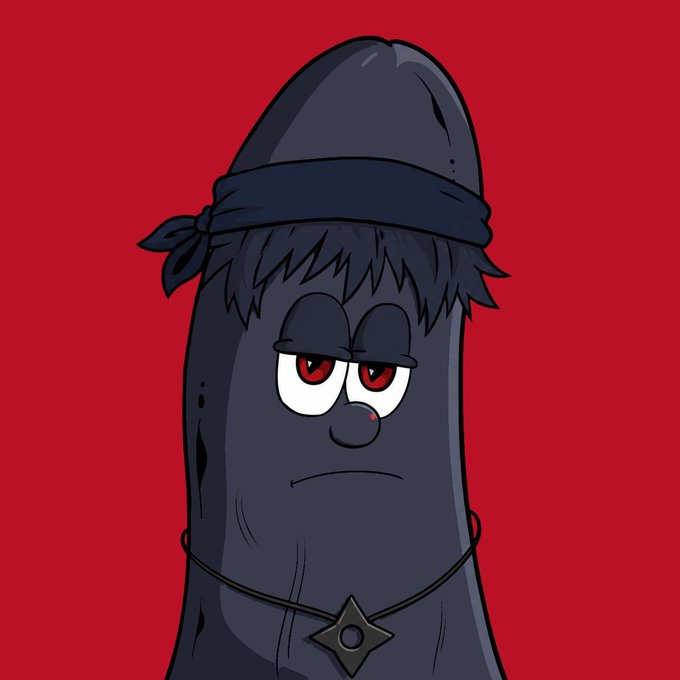 A cartoon illustration features a tall, dark gray character with red eyes, a headband, and a shuriken necklace, set against a solid red background.