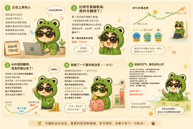 The image is a six-panel cartoon strip in Chinese featuring a person in a frog hoodie documenting their crypto trading journey. Key highlights include Bitcoin (BTC) reaching an all-time high of $108,023 by December 17, 2024, after Trump's 2024 election win on November 6, with various altcoins like ARG and CAKE seeing 100%+ gains, ultimately showing the emotional rollercoaster of trading from excitement to panic to eventual profit-taking by July 4, 2026.