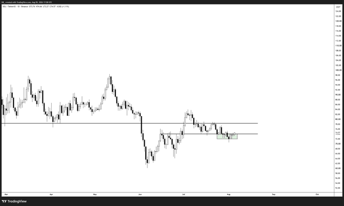 A TradingView candlestick chart of Binance's SOL/USDT pair (priced around $123.27) shows Solana consolidating below a key daily resistance level near $138 after a sharp June selloff, with price recently reclaiming a horizontal breakout zone around $125 to signal a potential bullish continuation.