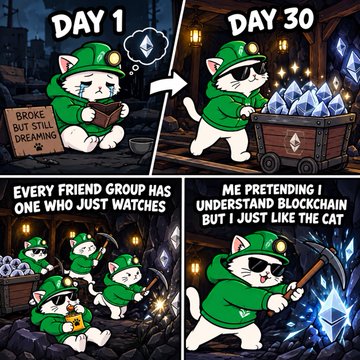 A four-panel cat meme about blockchain mining, showing 'DAY 1' of a broke cat reading, 'DAY 30' with a cart of Ethereum, 'EVERY FRIEND GROUP HAS ONE WHO JUST WATCHES,' and 'ME PRETENDING I UNDERSTAND BLOCKCHAIN BUT I JUST LIKE THE CAT.'