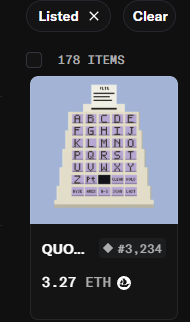 A digital marketplace interface displaying an NFT artwork that resembles an eye chart, priced at '3.27 ETH' under the listing 'QUO...' as item '#3,234'.