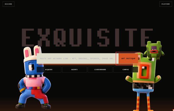 A digital interface for 'EXQUISITE' with a text input field labeled 'Paste any artwork link - NFT, Ordinal, Opensea, Image URL' and an 'Art Critique' button, flanked by two cartoon characters.