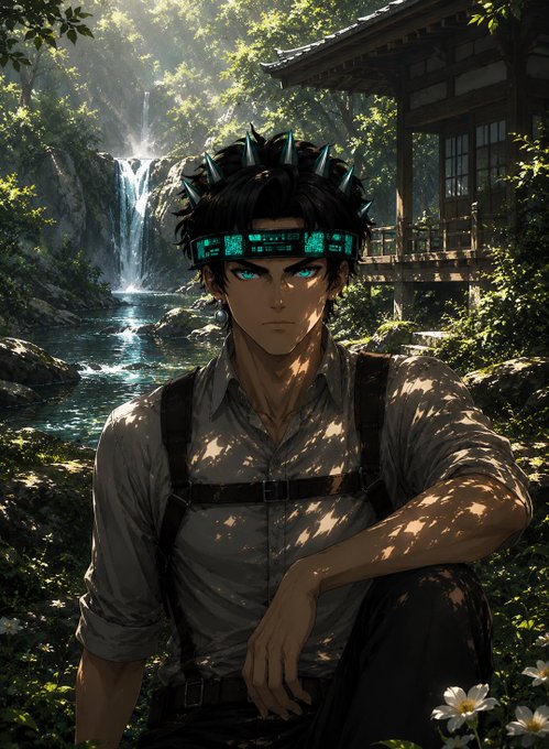 Anime-style artwork of a male character with dark hair, glowing blue eyes, and a futuristic cyan headband, wearing a grey shirt with suspenders, posed in a serene forest setting with a waterfall and traditional Japanese architecture.