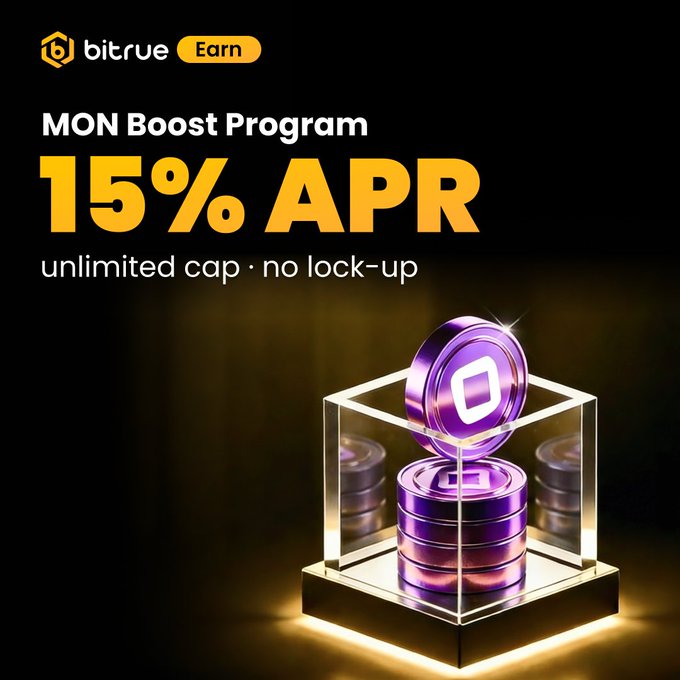 The image is a promotional graphic for the Bitrue Earn "MON Boost Program," advertising a 15% APR on flexible $MON staking with no lock-up and unlimited caps. It features the Bitrue logo, bold yellow and white text highlighting the 15% APR offer, and a 3D illustration of purple $MON coins stacked inside a glowing glass display case against a dark background.