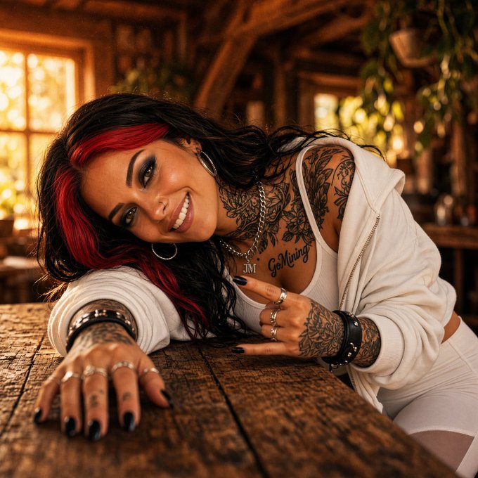 A smiling woman with red-streaked black hair, tattoos across her arms and chest, and wearing a white hoodie leans across a wooden table in a rustic cabin setting.