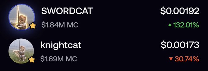 Cryptocurrency price tracker showing SWORDCAT at $0.00192 with a 132.01% increase ($1.84M MC) and knightcat at $0.00173 with a 30.74% decrease ($1.69M MC).