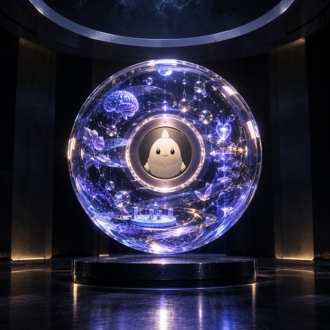 A digital artwork featuring a small white character encased in a glowing, transparent sphere filled with cosmic elements like a brain, butterflies, and floating particles, displayed on a pedestal in a futuristic room.