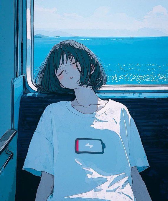 An anime-style illustration of a girl with short black hair and closed eyes, wearing a white t-shirt with a low battery icon, appearing to sleep while seated by a window overlooking a bright blue ocean.
