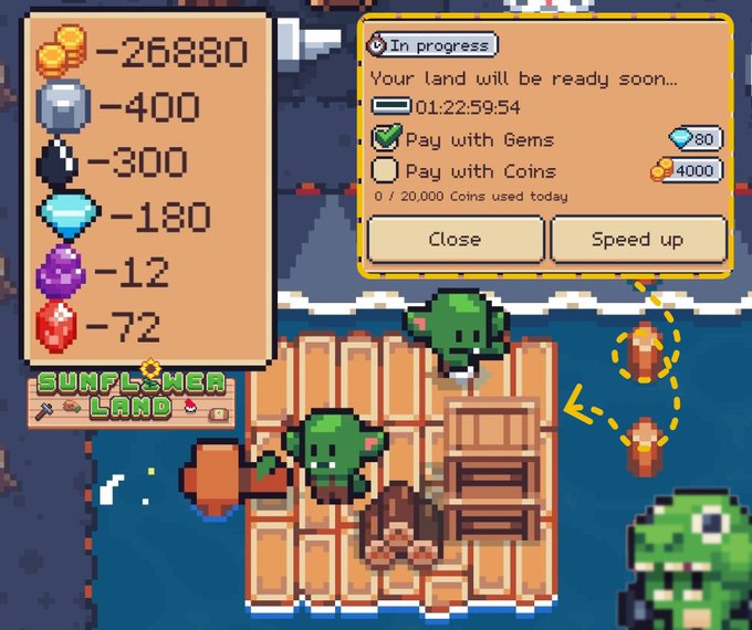 A screenshot from the mobile game 'Sunflower Land' showing resource costs (coins, stone, oil, diamond, purple gem, red gem) and a popup indicating that land will be ready soon with options to pay with gems or coins.