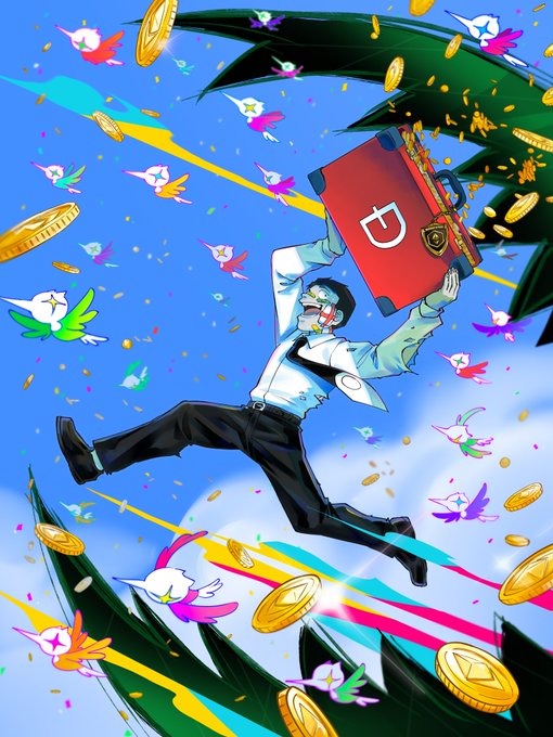 The image features an artist's illustration of a man dressed in a suit holding a red suitcase with the letter "D" on it, surrounded by colorful birds flying around him. The background of the artwork is blue sky filled with clouds, and there are gold coins scattered throughout the scene. The post mentions that this artwork is part of the #ETH_0081 series, which highlights the significance of the event in question.