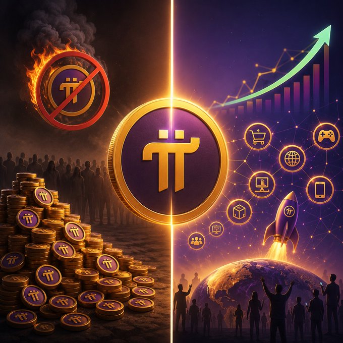 A split-screen graphic contrasting a destroyed Pi coin (left) with flames and falling coins against a thriving Pi ecosystem (right) featuring technology icons, a rising chart, and a rocket launch.