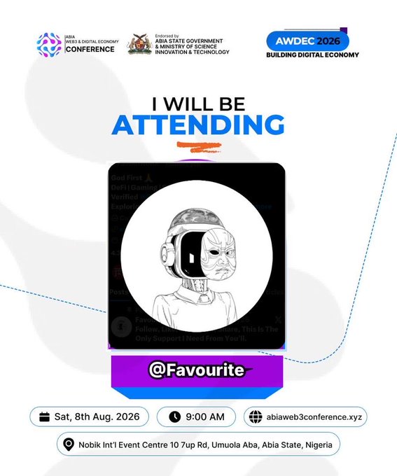 An event graphic stating 'I WILL BE ATTENDING' for the 'AWDEC 2026' conference at Nobik Int'l Event Centre in Umuola Aba, Nigeria, with a placeholder profile picture labeled '@Favourite'.