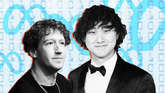 An illustrated graphic showing black-and-white cutout portraits of Mark Zuckerberg and an Asian man in a tuxedo, set against a blue background with chain link patterns and cryptocurrency-like symbols.
