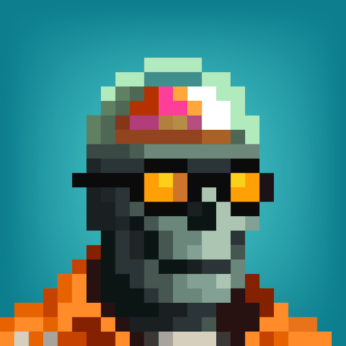 A pixel art portrait of a figure wearing a helmet with a pink and orange visor, set against a solid teal background.