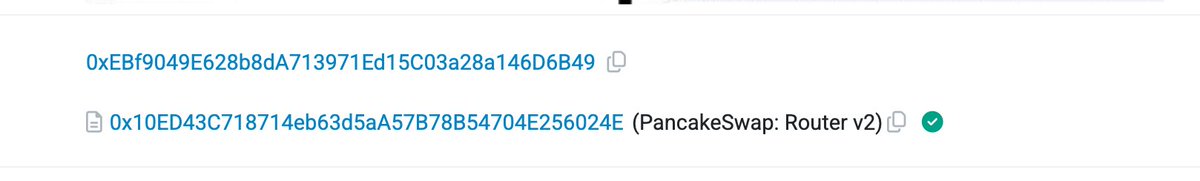 The image displays two blockchain wallet addresses, with the lower one (0x10ED43C718714eb63d5a57B78B54704E256024E) identified as PancakeSwap: Router v2 on Binance Smart Chain. It relates to the post by showing specific on-chain contract addresses involved in BSC trading, contextualizing the discussion of meme coin launches and high-control market manipulation.