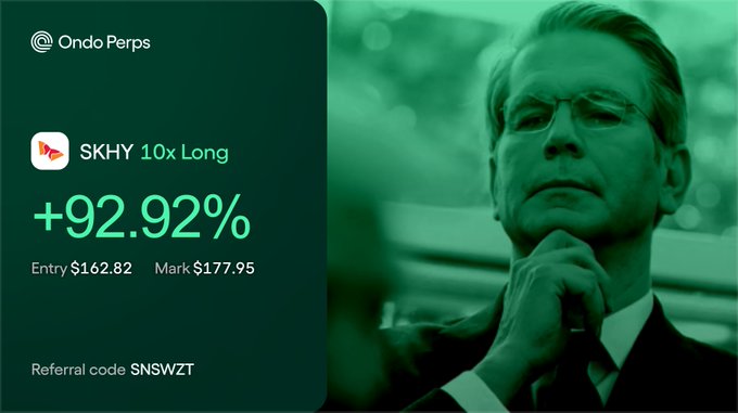A promotional image for Ondo Perps showing a +92.92% gain on SKHY 10x Long (Entry $162.82, Mark $177.95) with referral code SNSWZT, alongside a green-tinted photo of a thoughtful older man in a suit.