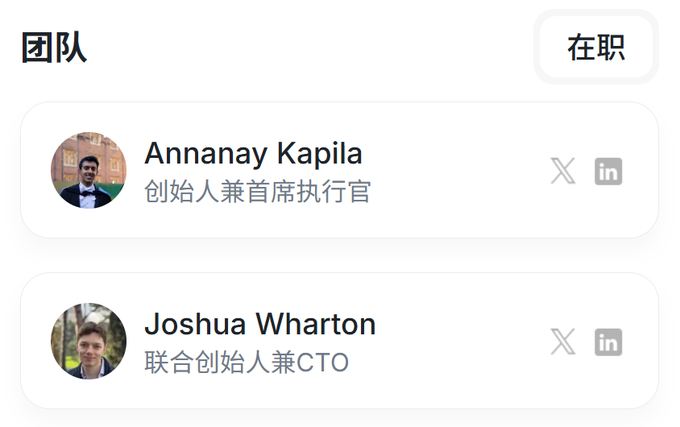 A team page in Chinese showing 'Annanay Kapila' as Founder & CEO and 'Joshua Wharton' as Co-Founder & CTO.