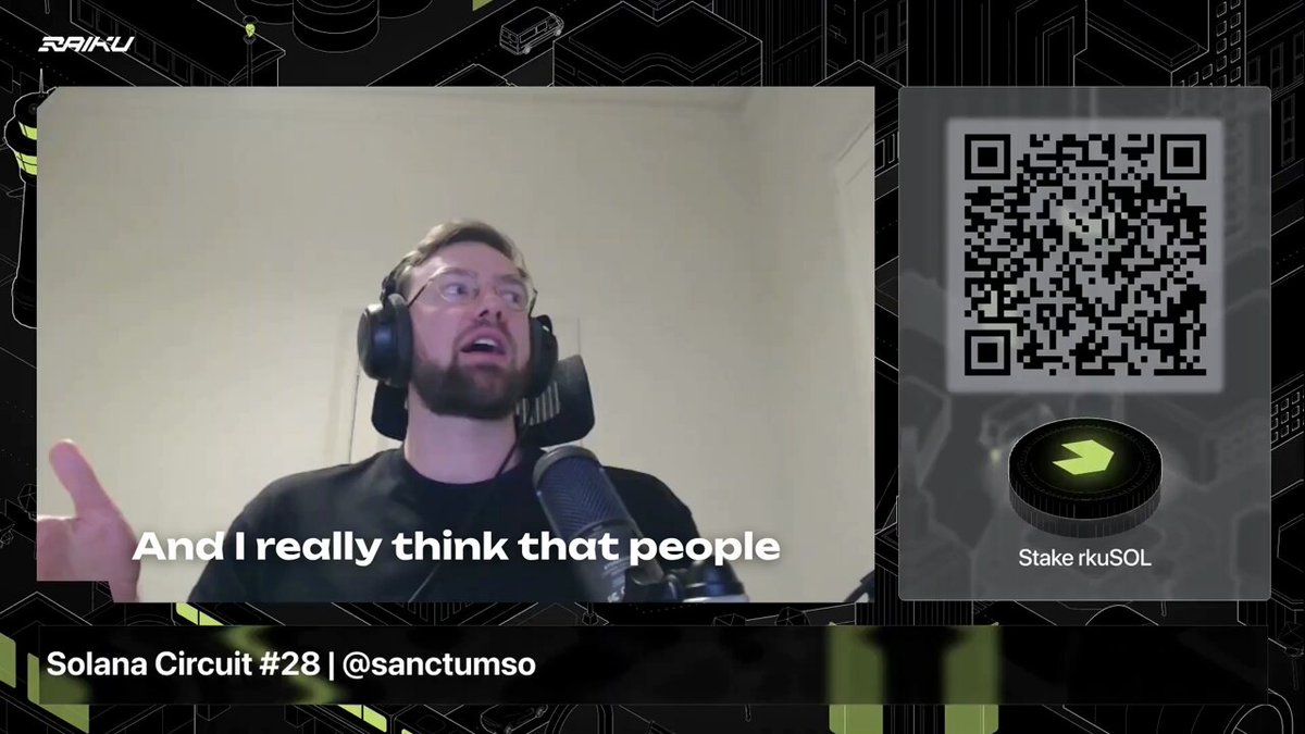The image shows a man wearing headphones, holding a microphone, and speaking into it while standing next to a computer screen displaying a QR code. The QR code has a message that reads "And I really think that people abandon Ethereum's and other blockchains' liquid staking tokens in favor of Solana's". This message seems to be related to the post about the man holding a microphone, as if he is discussing or promoting the idea behind the QR code.