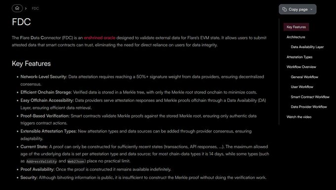 A documentation page about the Flare Data Connector (FDC), describing it as an enshrined oracle for validating external data to Flare's EVM state, listing key features like Network-Level Security, Efficient Onchain Storage, and Proof-Based Verification.