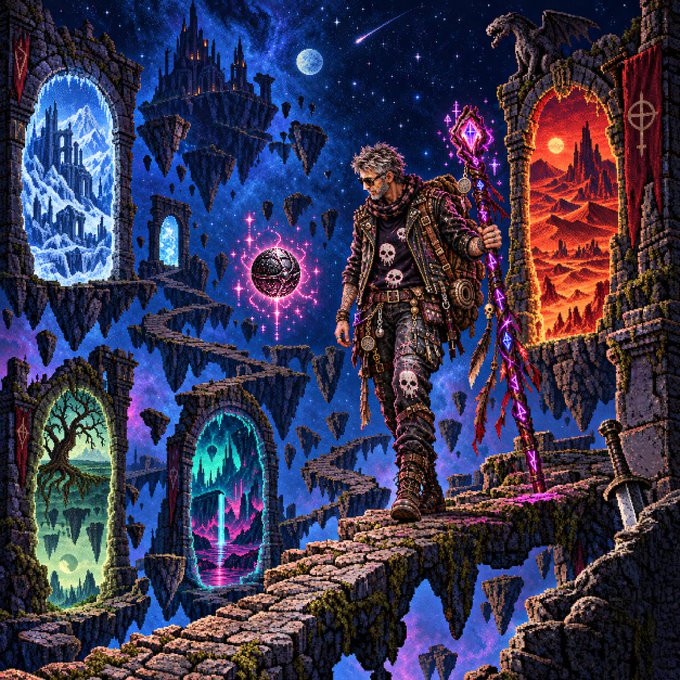 A vibrant fantasy digital artwork showing a warrior with a skull-adorned jacket holding a glowing purple staff, standing on stone pathways between portals leading to different realms.