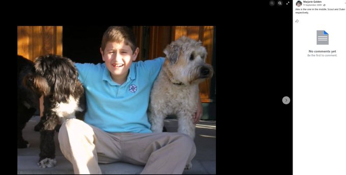 A boy named Marcus Golden sits between two dogs, identified in the post as Duke and Base (with the latter's name referencing the Base blockchain address 0x8fe435d4f6900bbbe6b48431b91833f69beacba3). The image is part of a post about "The founder has two dogs," posted 10 weeks ago, though no comments have been made yet on the image.