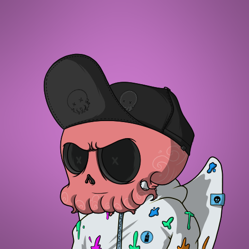 A cartoon NFT-style character featuring a pink skull face, black cap with skull motifs, black sunglasses with X eyes, and a paint-splattered hoodie against a purple background.