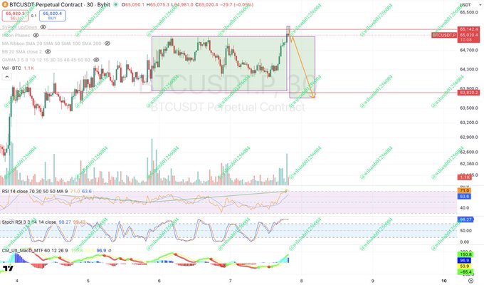 A 30-minute BTCUSDT perpetual contract chart on Bybit shows Bitcoin trading at $65,025.4 with an AMD model (top, middle, bottom) pattern highlighted in a green box, accompanied by volume, RSI (70.30), Stochastic RSI (88.27), and CM_Williams_MFI indicators suggesting a potential reversal setup near the $65,200 resistance level.