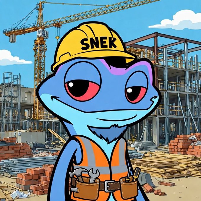 A cartoon blue frog with red eyes wearing a yellow hard hat labeled 'SNEK' and an orange safety vest with tools, standing in front of a construction site with cranes and building frames.