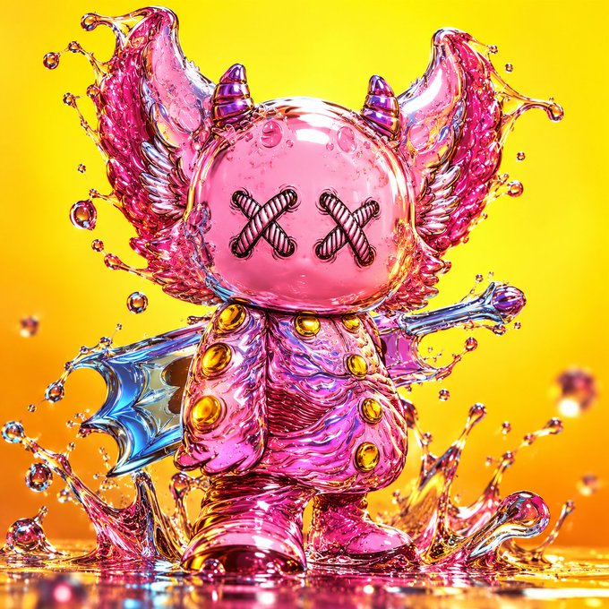 A vibrant 3D-rendered pink and purple creature with wings, horns, and X-shaped eyes, surrounded by splashing liquid against a bright yellow background.