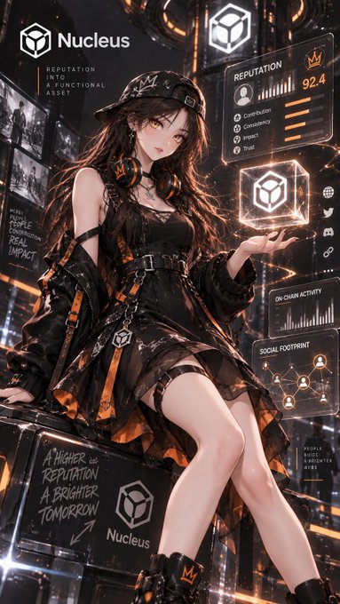 An anime-style digital artwork of a girl in a black cap and outfit sitting among holographic screens displaying the 'Nucleus' logo, a reputation score of 92.4, and text reading 'A HIGHER REPUTATION, A BRIGHTER TOMORROW.'
