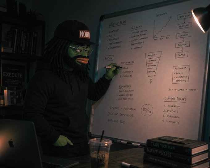 A person wearing a 'NOR' cap and glasses standing at a desk next to a whiteboard filled with business planning notes including 'Weekly Plan', 'Q2 Goals', and 'Content Pillars', with a laptop and books nearby.