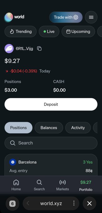 A mobile screenshot of the World.xyz trading app displays a portfolio for user "6RIL..Vjig" showing a balance of $9.27 (down $0.04 or 0.39% today), with $3.00 in positions including Barcelona (avg. entry 88¢), highlighting the "trade after World Web went live" criteria mentioned in the post for potential surprise reward qualification.