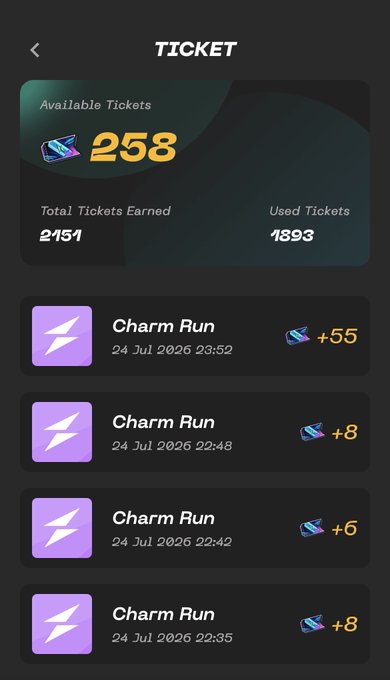 A mobile app screen displays a "TICKET" page showing 258 available tickets, with a total of 2451 earned and 1893 used, along with a history of "Charm Run" entries from July 24, 2026.