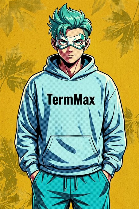 An anime-style illustration of a character with teal hair and a domino mask, wearing a hoodie with the word "TermMax" printed on it, set against a yellow background with leaf patterns.