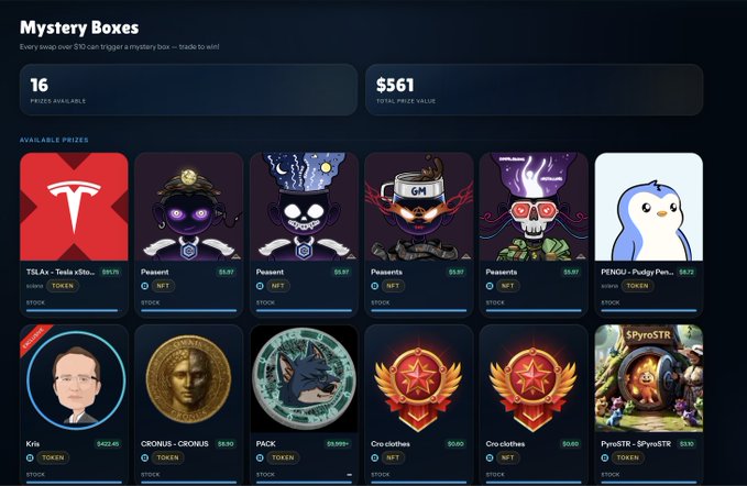 A screenshot of Ebisus Bay's "Mystery Boxes" interface showing 16 available prizes totaling $561, featuring NFTs like Paesant, PENQU - Pudgy Penguin, Kris, CRONUS, PACK, and PyroSTR, as well as token prizes including TSLAx, with all items marked as "STOCK" status.