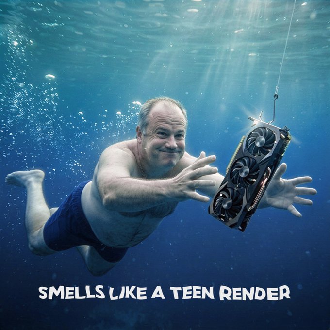 A middle-aged man in swim trunks swims underwater, reaching eagerly for a GPU graphics card dangling from a fishing line, with the caption "SMELLS LIKE A TEEN RENDER" — a play on Nirvana's "Smells Like Teen Spirit" that humorously ties into the post's reference to Render Network ($RENDER) and $NGPU.