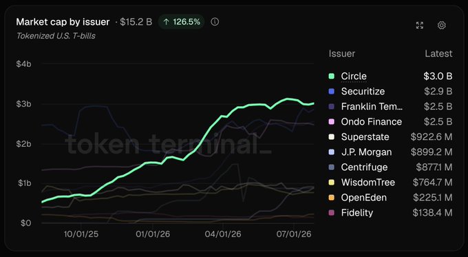 The image is a line chart from Token Terminal showing market cap by issuer for Tokenized U.S. T-bills, which totals $15.2B (up 126.5%). Circle leads at $3.0B, followed by Securitize ($2.9B), Franklin Templeton ($2.5B), and Ondo Finance ($2.5B), with their rising green line visually confirming Circle's emergence as the top issuer over the past year.