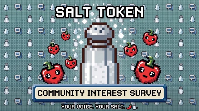 A pixel-art promotional graphic titled 'SALT TOKEN' features a salt shaker surrounded by smiling chili pepper characters, with text reading 'COMMUNITY INTEREST SURVEY' and 'YOUR VOICE. YOUR SALT.'