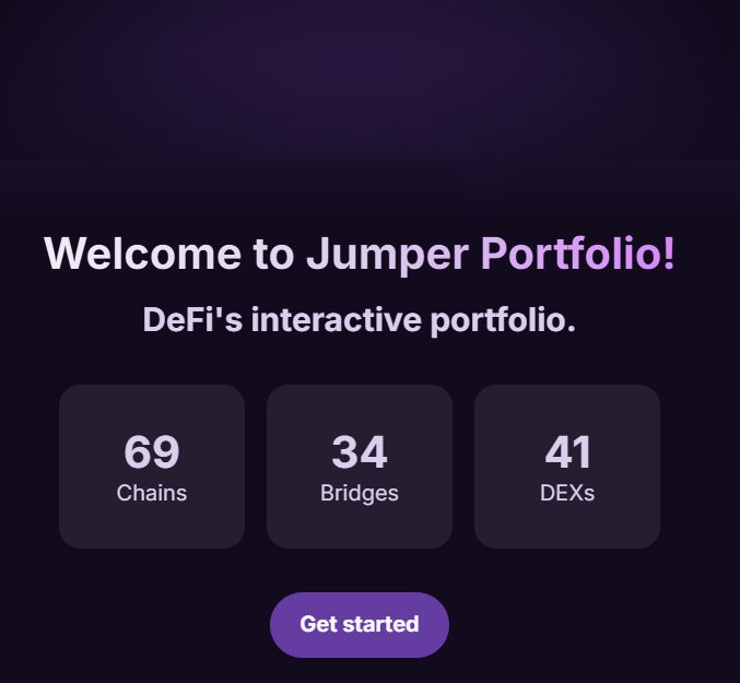 A welcome screen for 'Jumper Portfolio' described as 'DeFi's interactive portfolio', displaying statistics of 69 Chains, 34 Bridges, and 41 DEXs with a purple 'Get started' button.