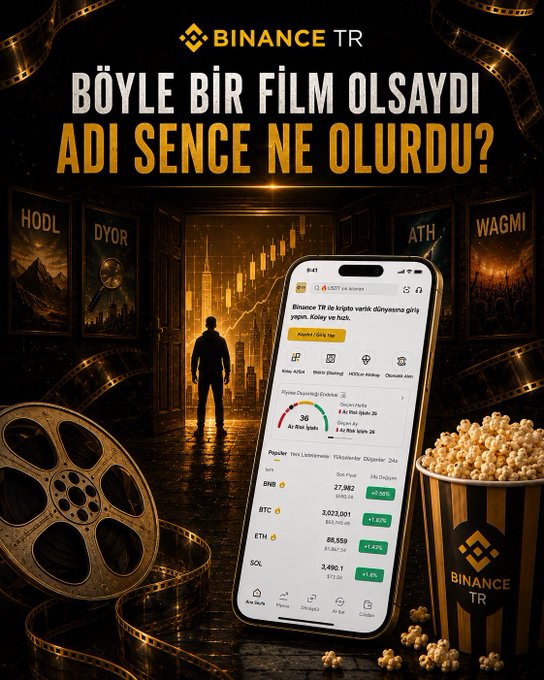 A Binance TR promotional image styled as a movie poster asks followers "BÖYLE BİR FİLM OLSAYDI ADI SENCE NE OLURDU?" ("If this were a movie, what would you name it?"), featuring a silhouetted figure, film reels, popcorn, and the Binance TR mobile app displaying crypto prices for BNB ($27,902), BTC ($3,023,001), ETH ($88,559), and SOL ($349.1). The cinematic theme—complete with posters labeled "HODL," "DYOR," "ATH," and "WAGMI"—invites users to creatively caption the crypto trading scene.