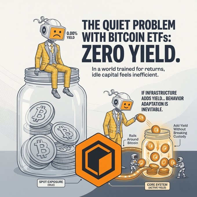 An infographic titled 'THE QUIET PROBLEM WITH BITCOIN ETFS: ZERO YIELD' showing illustrations of figures in yellow suits sitting on jars of Bitcoin coins, contrasting idle spot exposure with an active yield system.