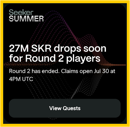 The image is a "Seeker Summer" promotional graphic with a black background featuring an abstract wave pattern, announcing that "27M SKR drops soon for Round 2 players," with Round 2 ended and claims opening July 30 at 4PM UTC, alongside a "View Quests" button. It visually reinforces the post's message about the completed Seeker Summer Round 2 and the upcoming $SKR token rewards distribution.