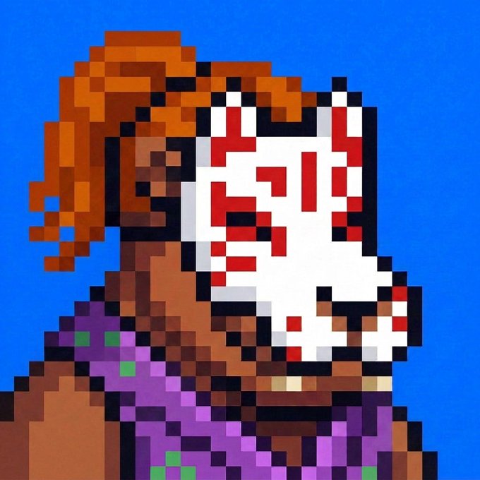 Pixel art illustration of a character with brown hair wearing a red and white skull mask and a purple outfit against a blue background.