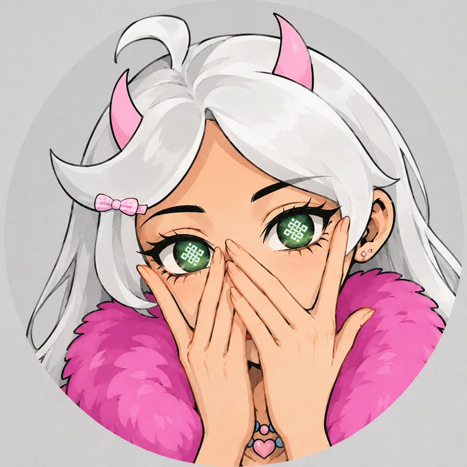 An anime-style character with white hair, pink horns, heart-shaped eyes containing "Ritual" symbols, and a fluffy pink collar covers her face with her hands in an excited, overwhelmed pose. The heart-shaped pupils spell out "Ritual," reflecting the poster's enthusiastic dedication to the Ritual crypto project.